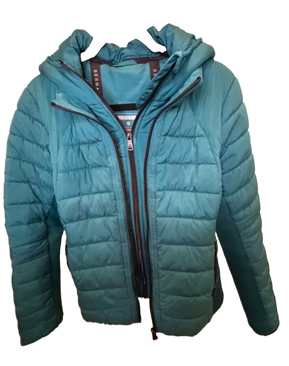 Bernardo Performance Puffer Jacket Womens L Teal Hooded EcoPlume Quilte